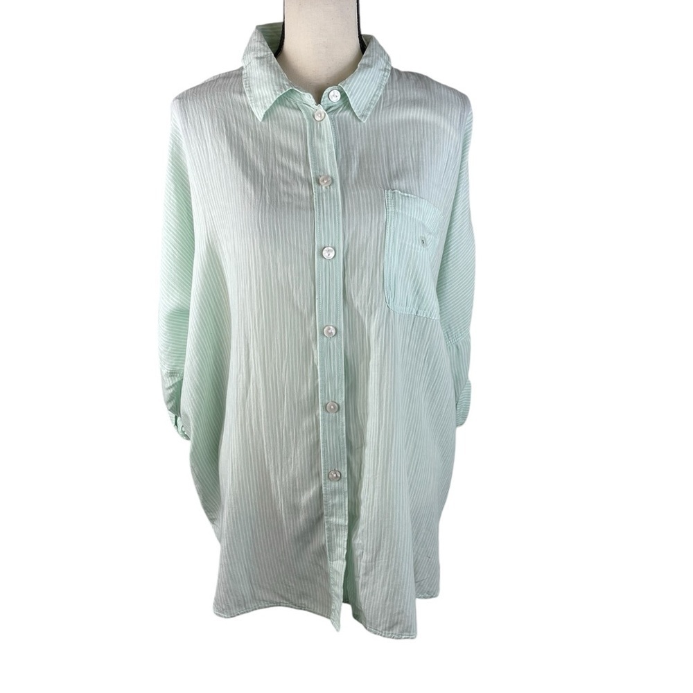 American Eagle Green & White Stripe‎ Very Oversized Button Down Roll Tab NWT Sm